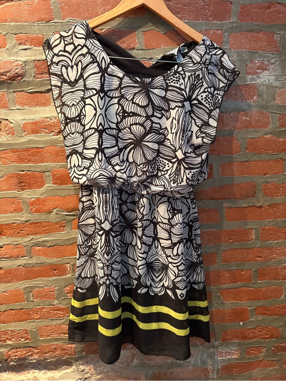 Tacera Black and White Floral Dress with Yellow Stripe Accent